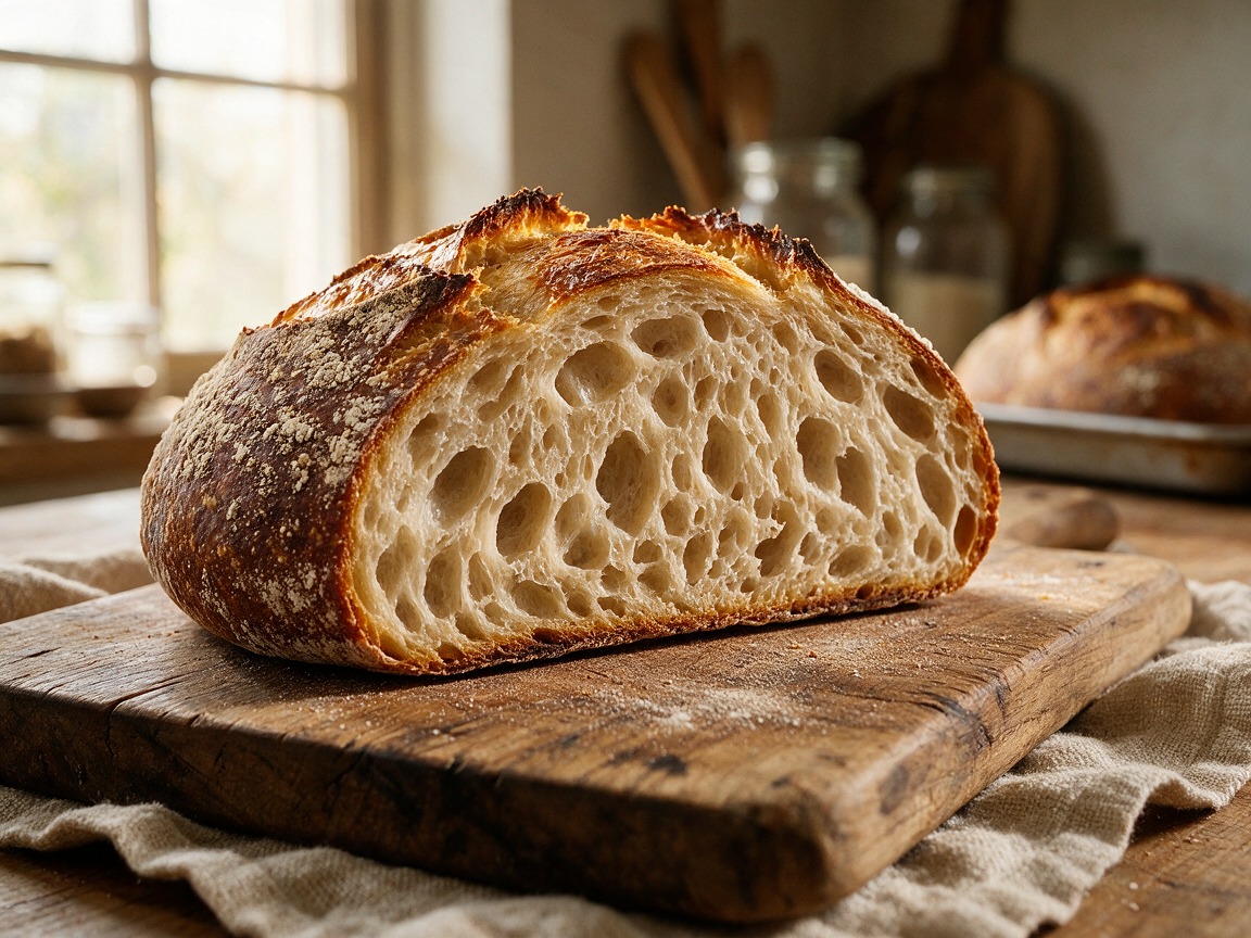 A sourdough loaf with an open, even crumb.